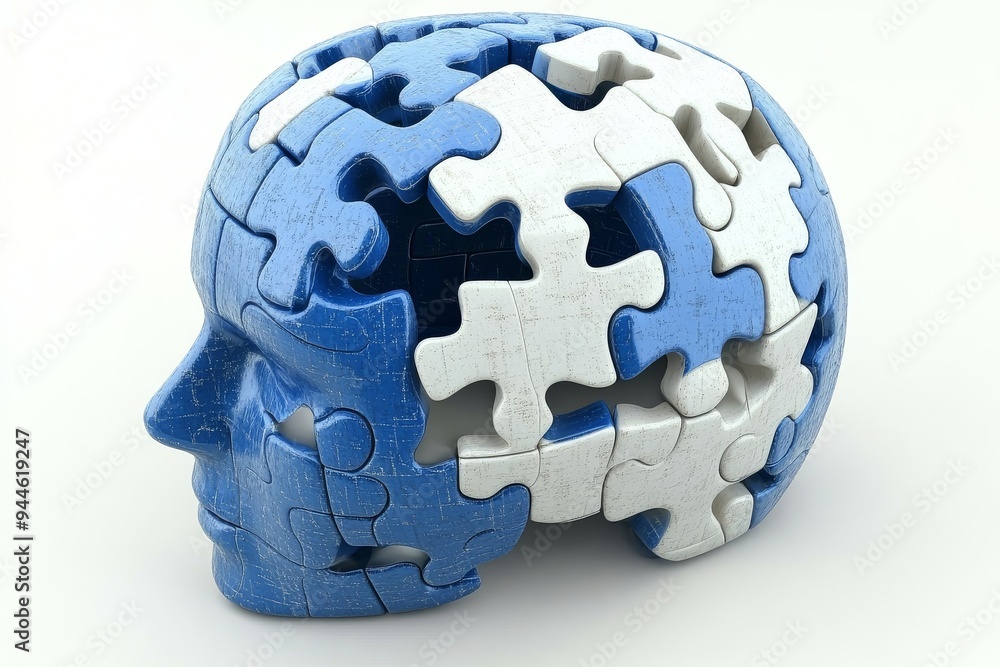 Poster 3d rendering of a brain with puzzle pieces forming and disassembling symbolizing the ongoing process