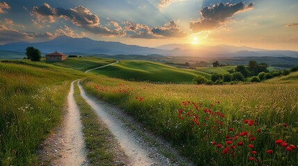 Obraz premium Majestic, rolling countryside hills, vibrant green fields, high quality, photorealistic, rural, idyllic, scenic, panoramic, breathtaking::0.9 charming farmhouses, grazing animals, winding roads,