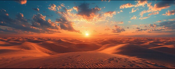 Majestic, desert dunes, golden sand, remote, high quality, photorealistic, arid, serene, vast, panoramic, breathtaking::1.5 camel caravan, nomadic tents, starry nights, sunrise, sunset, solitude,