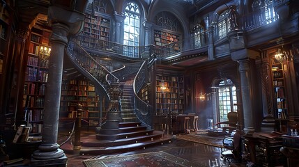 Obraz premium Grand Library Interior with Spiral Staircase and Ornate Details