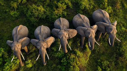  Elephants from Above in a Front View at Midday, Capturing Detailed Features and Natural Setting