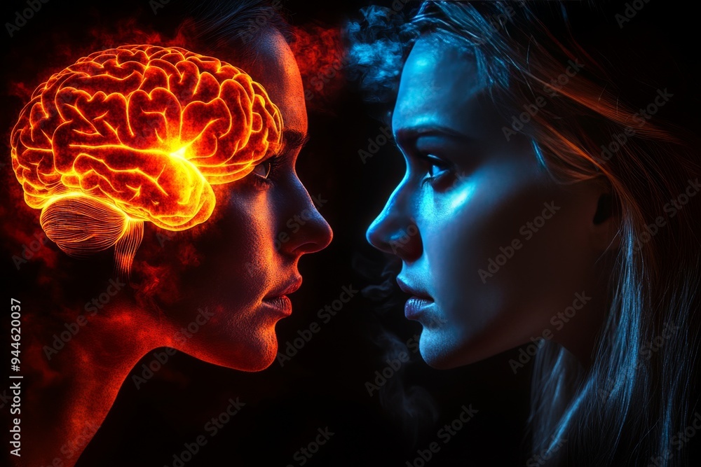 Poster artistic rendering of two human profiles with glowing red brains facing each other symbolizing the i