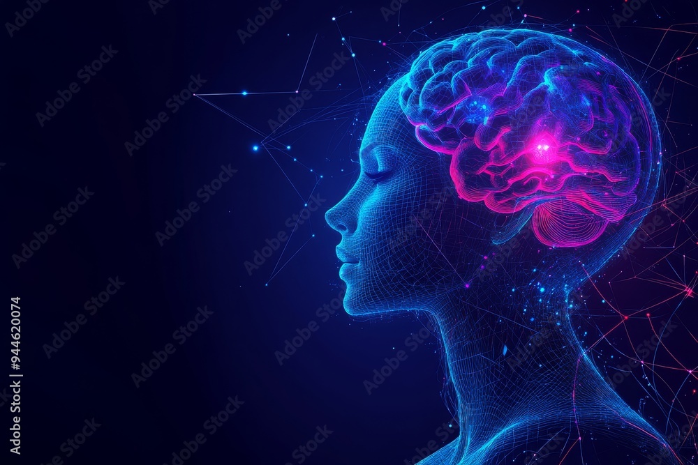 Poster digital illustration of a womans profile with a glowing blue brain surrounded by neural networks sym