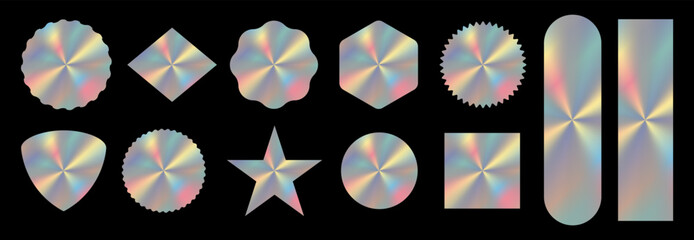 Set of holographic stickers. Hologram labels of various geometric shapes with iridescent foil self-adhesive film. Colorful blank rainbow glitter emblems, printable shapes, stickers, set.  EPS 10 