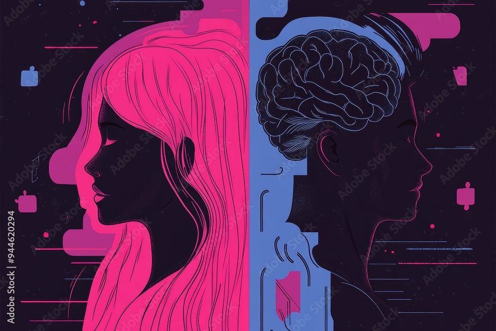 Poster vector art of two profiles with one brain depicted in blue circuitry and the other in red symbolizin