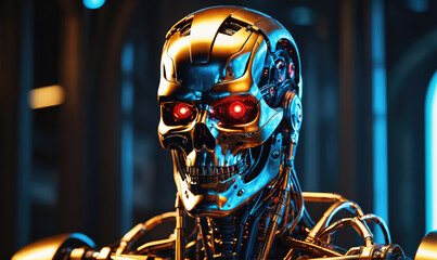A close-up of a robotic skull with red eyes, set against a blue and black background