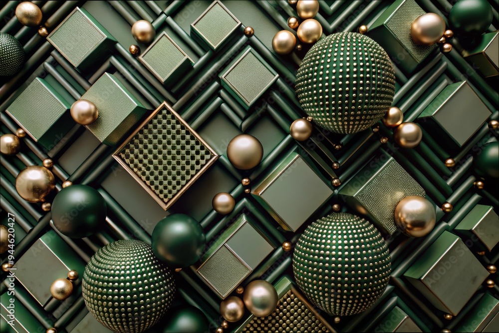 Poster textured geometric patterns with green and gold spheres create a captivating visual tapestry perfect