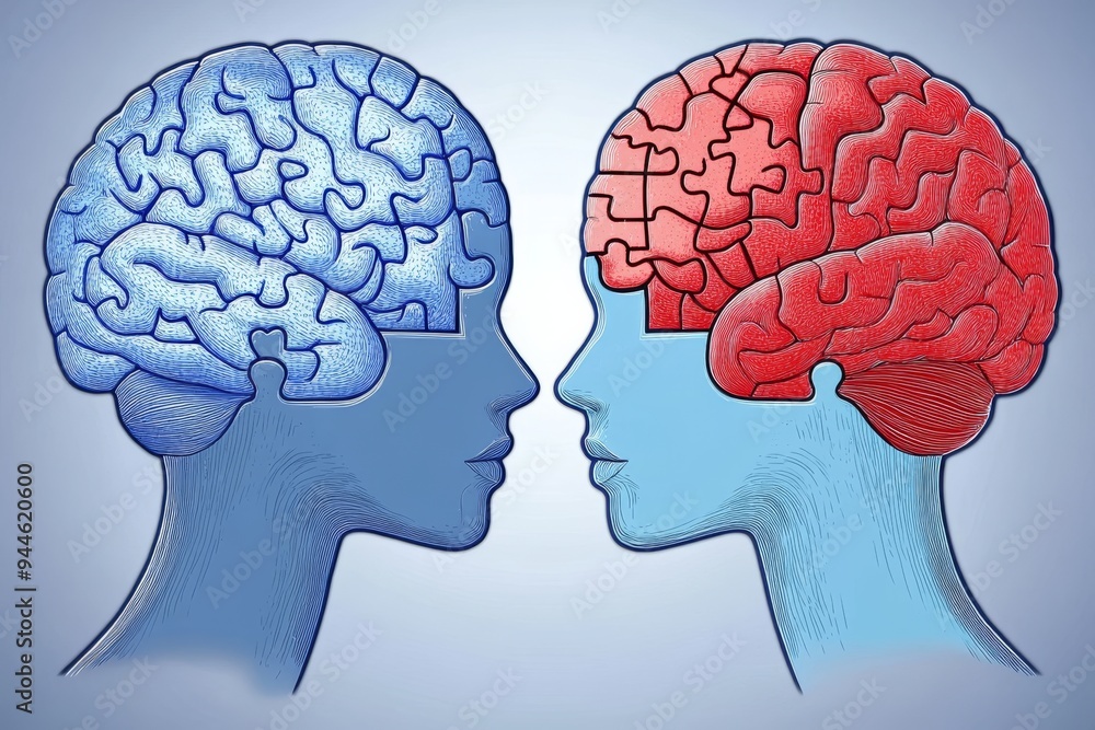 Aufkleber artistic illustration of two profiles with puzzle piece brains in red and blue symbolizing the dynam