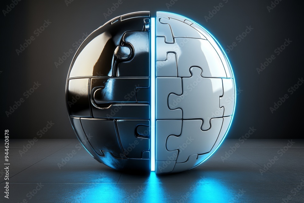 Poster 3d rendering of a metallic sphere with puzzle pieces and a glowing core symbolizing the intricacy an