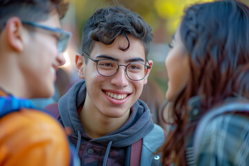 group of hispanic teenagers geek style with glasses talking smiling happy friends boys girls in a park outdoors hoodie complicity bond friendship enjoying cheerful upbeat youth joy joyful students