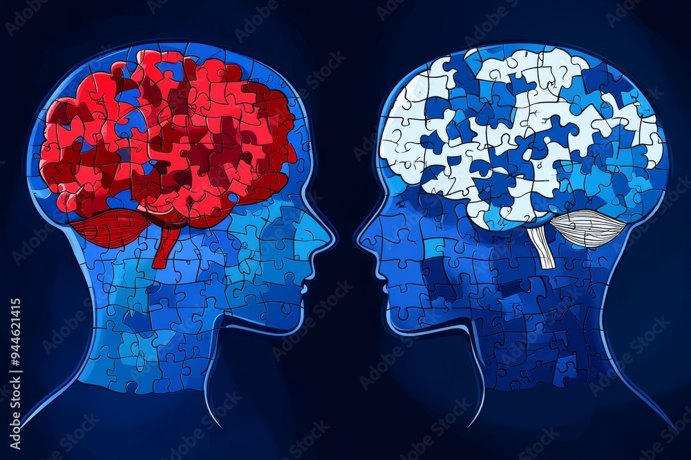Poster digital illustration of two profiles with red and blue puzzle piece brains symbolizing the duality o