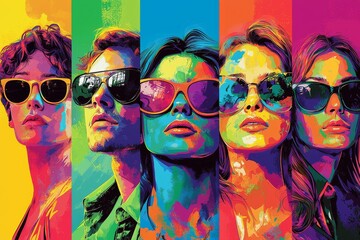 Obraz premium Pop culture icons in vibrant colors, stylized portraits, graphic patterns, cultural references, contemporary reinterpretations, visual impact::1.3 music legends, film stars, sports icons, political