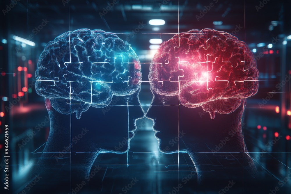 Poster futuristic digital rendering of two glowing brains connected by data streams symbolizing the integra