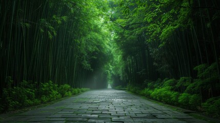 A calming view of a stone pathway cutting through a lush green bamboo forest, creating a serene and peaceful atmosphere as it disappears into the misty distance.
