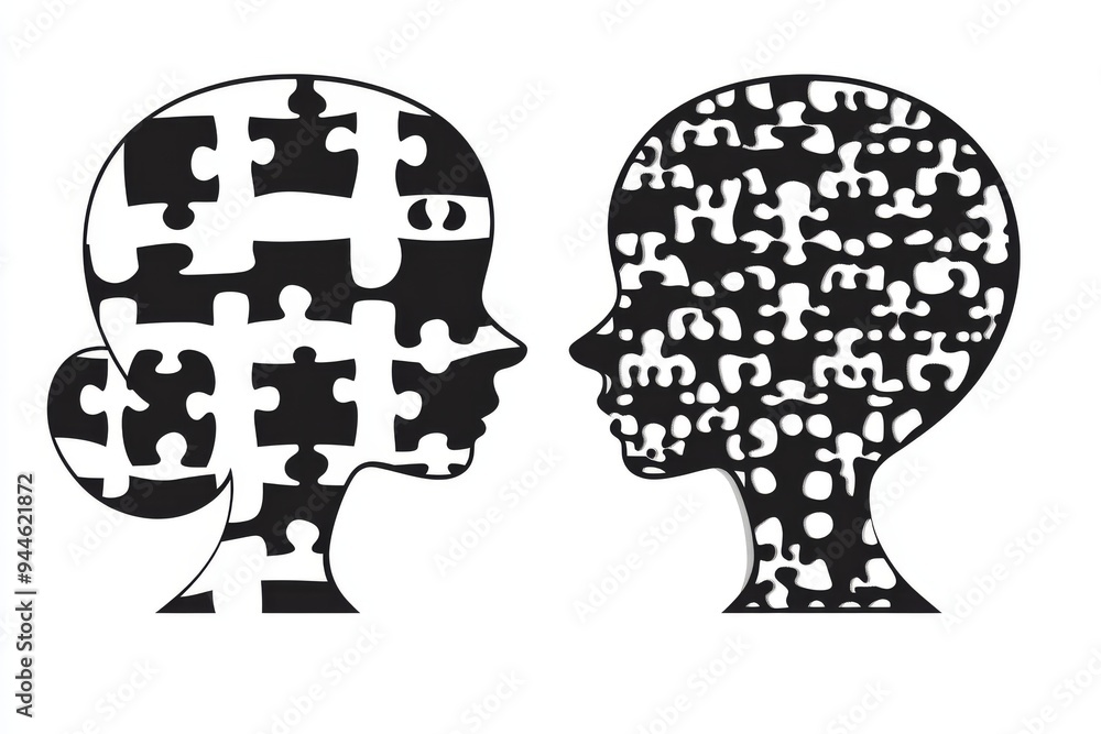 Poster abstract vector art of two human profiles with puzzle piece brains in black and white symbolizing th