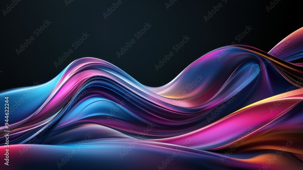 Poster Colorful flowing abstract patterns in smooth gradients against a dark background create a mesmerizing visual experience highlighting fluid motion and artistic expression.
