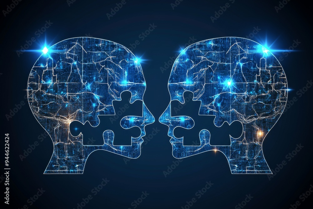 Poster digital illustration of two human profiles with puzzle piece brains connected by glowing neural netw