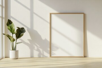 Mockup portrait poster frame hanging on a white wall in a well-lit room with a potted plant and simple bench chair underneath, creating a serene atmosphere.