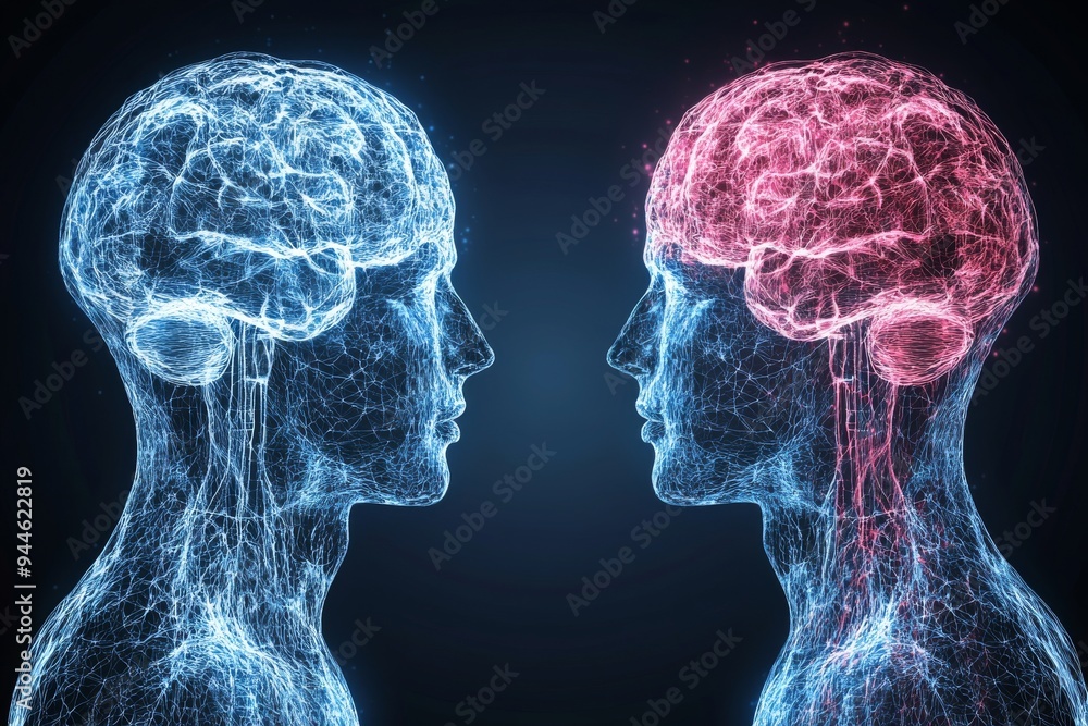Poster artistic rendering of two human profiles with transparent heads and glowing brains symbolizing the c