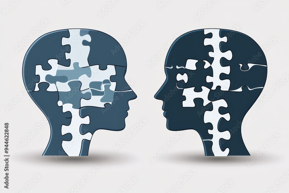 Poster vector illustration of two human profiles with puzzle piece brains one assembled and one disassemble