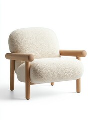 Fototapeta premium Modern Scandinavian style armchair with wooden handles and fluffy upholstery against a bright white background.
