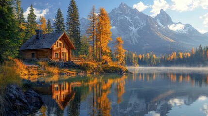 Fototapeta premium Serene, pristine mountain lake, mirrored reflection, high quality, photorealistic, tranquil, idyllic, scenic, panoramic, breathtaking::0.9 wooden cabin, hiking trail, canoeing, fishing, snow-capped