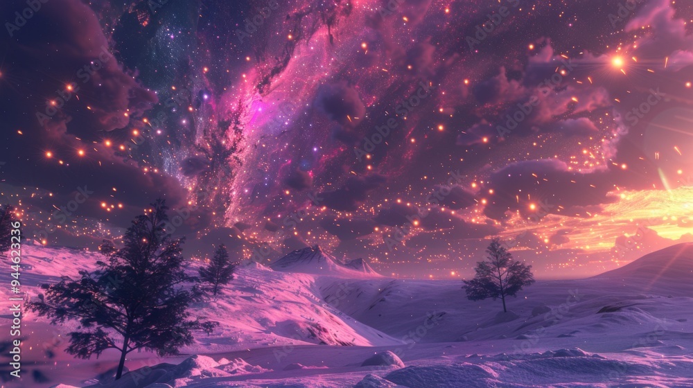 Wall mural A breathtaking view of a snowy landscape illuminated by an extraordinary sky filled with glowing stars and cosmic lights, creating a dreamy and surreal atmosphere.