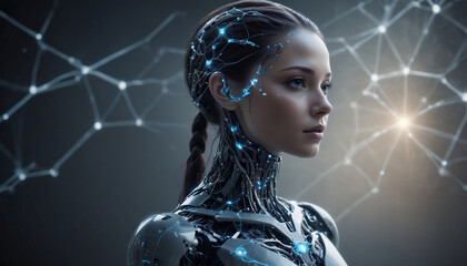 Artificial intelligence futuristic humanoid with glowing network connections, ideas of digital artificial intelligence, technological and innovative business, data science, and cybernetics	