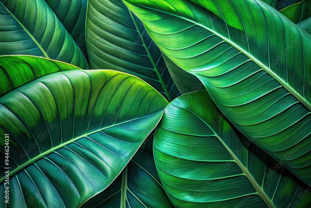 Poster lush green leaves overlapping in a tropical setting, illuminated gently by soft sunlight, creating a