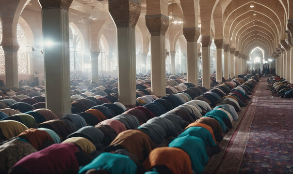 A large group of people pray in a mosque, bowing their heads in unison - Powered by Adobe