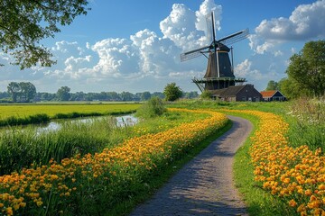 Sprawling, colorful tulip fields, blooming flowers, vibrant, cheerful, high quality, photorealistic, idyllic, springtime, windmills, rural, Dutch countryside, picturesque, breathtaking::0.9