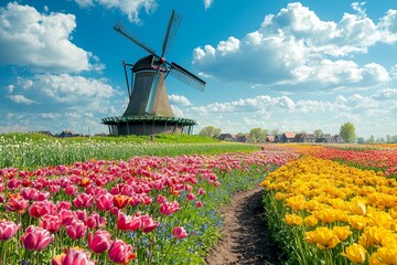 Sprawling, colorful tulip fields, blooming flowers, vibrant, cheerful, high quality, photorealistic, idyllic, springtime, windmills, rural, Dutch countryside, picturesque, breathtaking::0.9