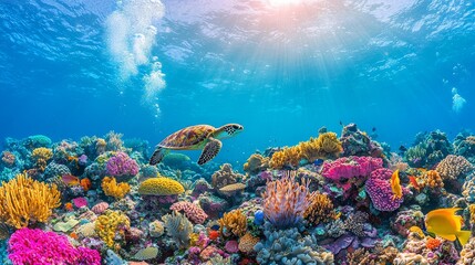 Obraz premium Vibrant, colorful coral reefs, underwater paradise, tropical fish, high quality, photorealistic, clear turquoise water, marine life, scuba diving, snorkeling, breathtaking, vibrant, exotic,