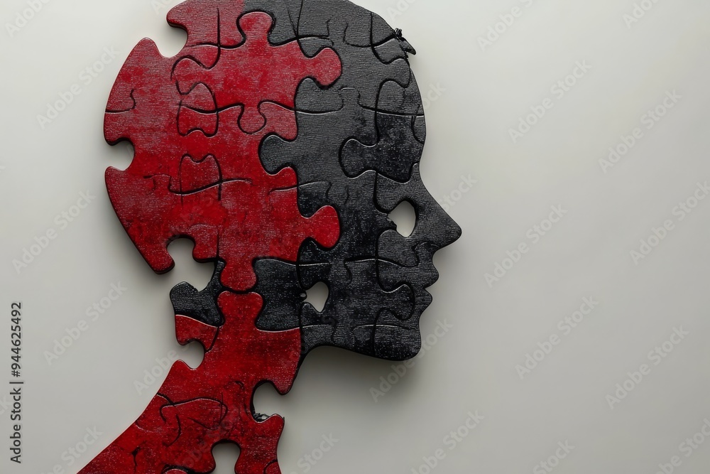 Poster 3d rendering of a brain made of red and blue puzzle pieces symbolizing the duality and complementari