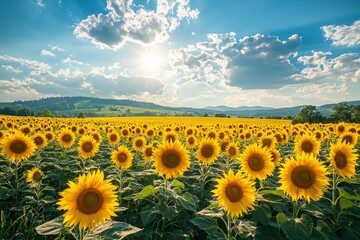 Vibrant, sunflower fields, golden blooms, high quality, photorealistic, summer, cheerful, idyllic, rural, panoramic, breathtaking, countryside::1.5 bees, butterflies, rural farmhouses, blue