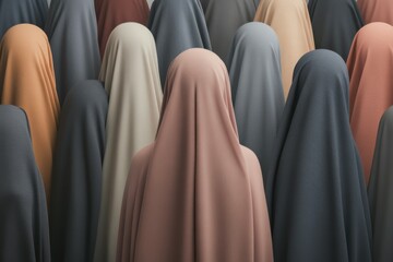 A diverse group of women wearing colorful hijabs gather in unity while one woman in center, highlighting individuality within tradition at a public event.