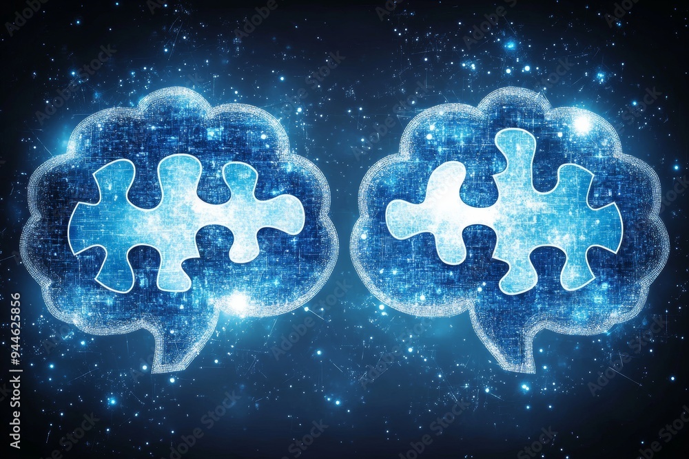 Poster artistic digital art of two glowing brains in a cosmic setting symbolizing the vast and boundless po