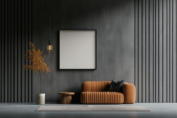 Elegant Nordic living room featuring an ultra-realistic 26 by 20 inch empty frame mockup with cinematic lighting for design inspiration.