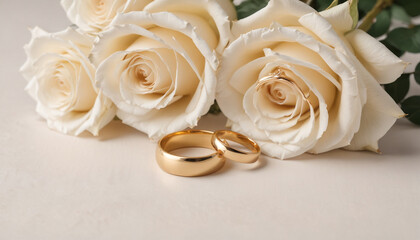 white roses and gold wedding rings banner background for weddings, anniversaries or engagements created with generative ai.	