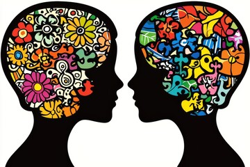 Artistic vector illustration of two profiles with colorful doodle filled brains symbolizing the creativity diversity and vibrant exchange of ideas within relationships