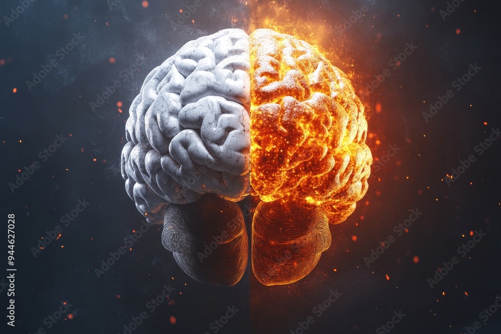 Poster futuristic 3d rendering of a brain divided into fiery and icy halves symbolizing the contrast and ba