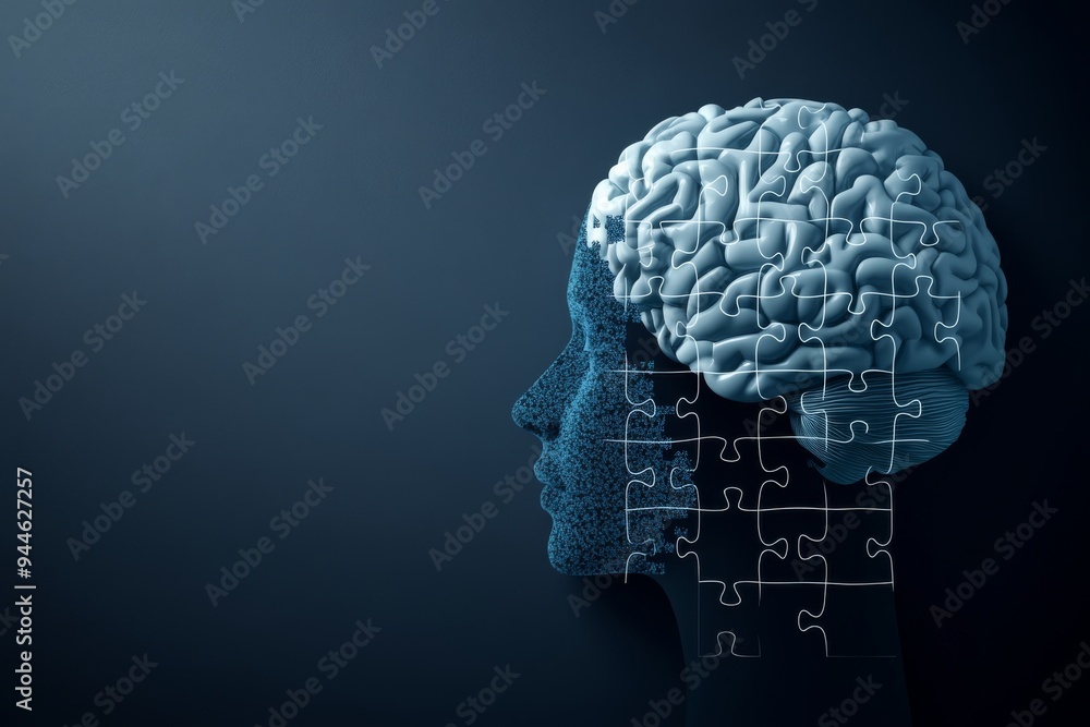 Poster artistic rendering of a human brain with puzzle pieces symbolizing the complexity and ongoing proces