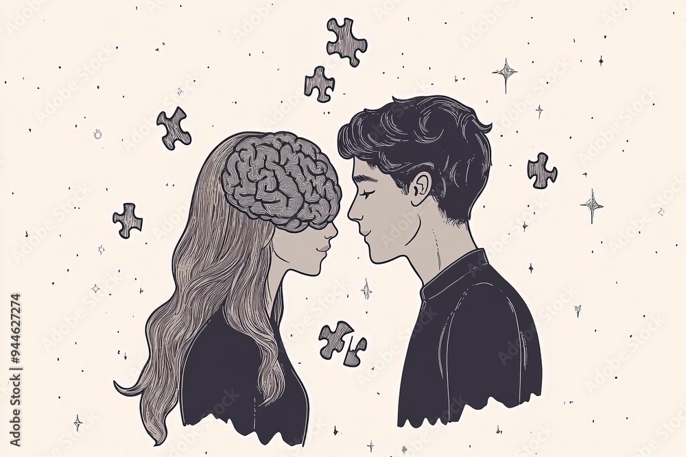 Poster Minimalist line drawing of a couple with interconnected brains symbolizing the intellectual and emotional connection in a balanced and harmonious relationship