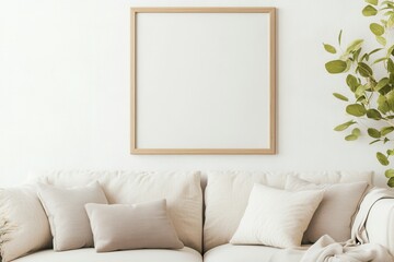 Mockup portrait poster frame hanging on a white wall in a well-lit room with a potted plant and simple bench chair underneath, creating a serene atmosphere.