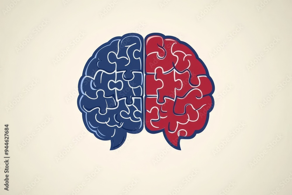 Poster digital illustration of a split brain in red and blue symbolizing the duality and balance of thought