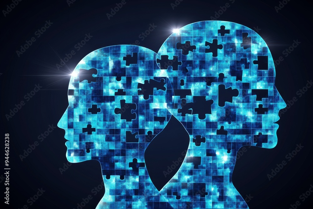 Poster artistic neon illustration of two glowing human profiles with intricate brain patterns symbolizing t