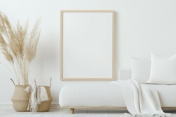 A mockup empty picture frame in a Scandinavian-style living room with minimalist furniture under soft morning light.