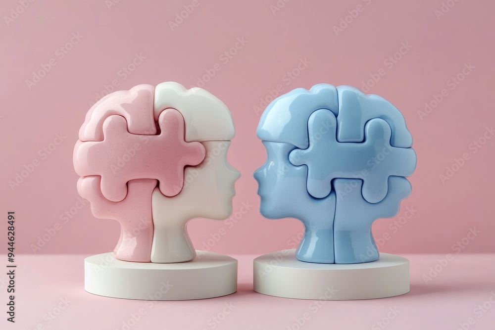 Poster 3d rendering of two pastel colored puzzle piece heads facing each other symbolizing the connection u