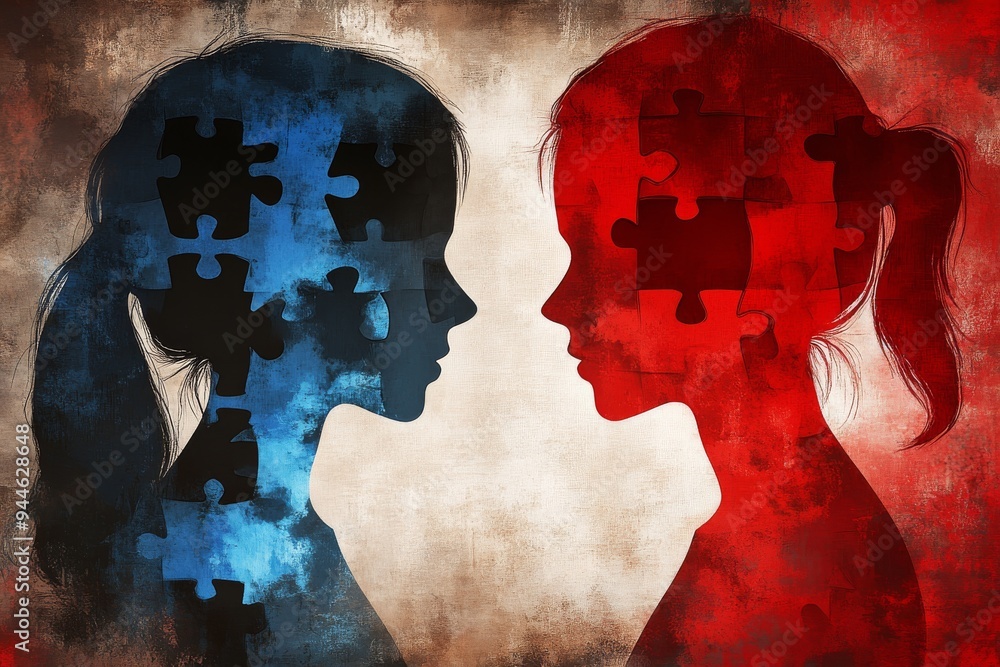 Aufkleber digital illustration of two human profiles in red and blue with puzzle piece brains symbolizing the 