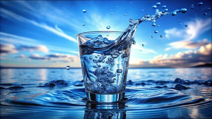 A refreshing splash of crystal-clear water in a glass against a breathtaking sky at sunset by the tranquil shore. Generative AI